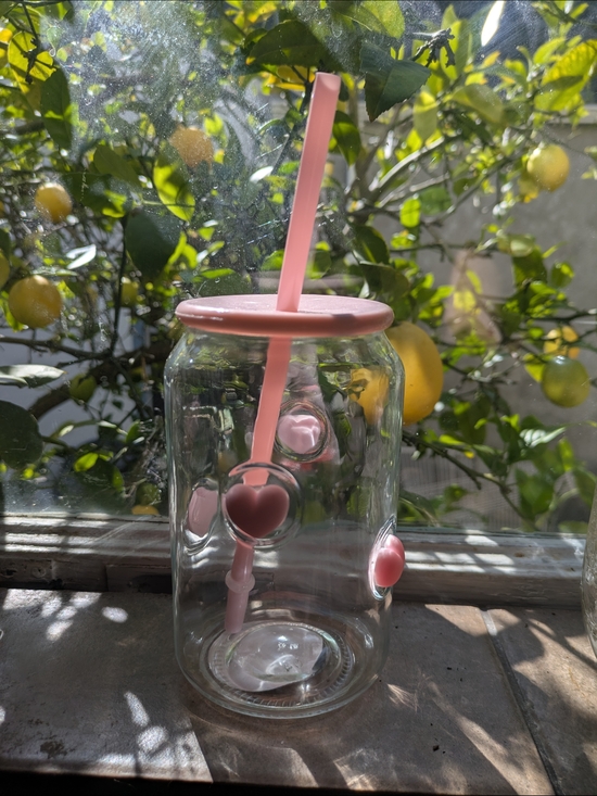 Other - Clear Glass Tumbler with Pink Heart Straw Lid